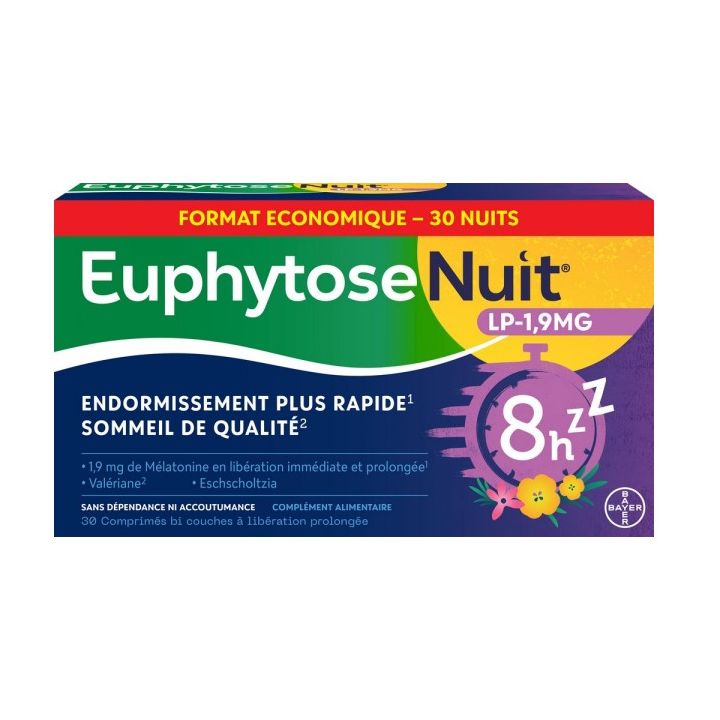 EuphytoseNuit&reg; LP 1,9 mg m&eacute;latonine 30 comprim&eacute;s &agrave; lib&eacute;ration prolong&eacute;e - boite de 24,8g