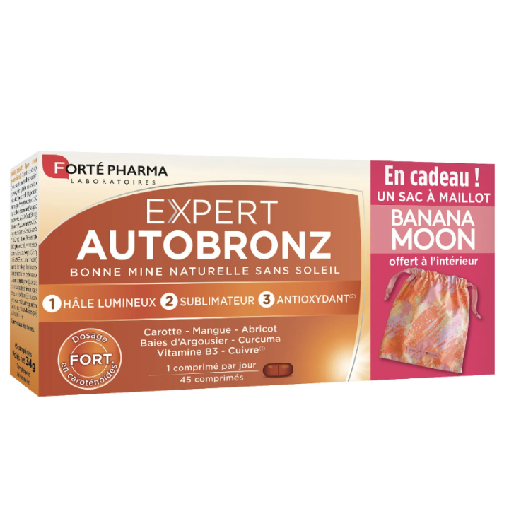 Expert Autobronz bonne mine naturelle Fort&eacute; Pharma - boite de 45 comprim&eacute;s + 1 sac &agrave; maillot de bain Banana Moon offert