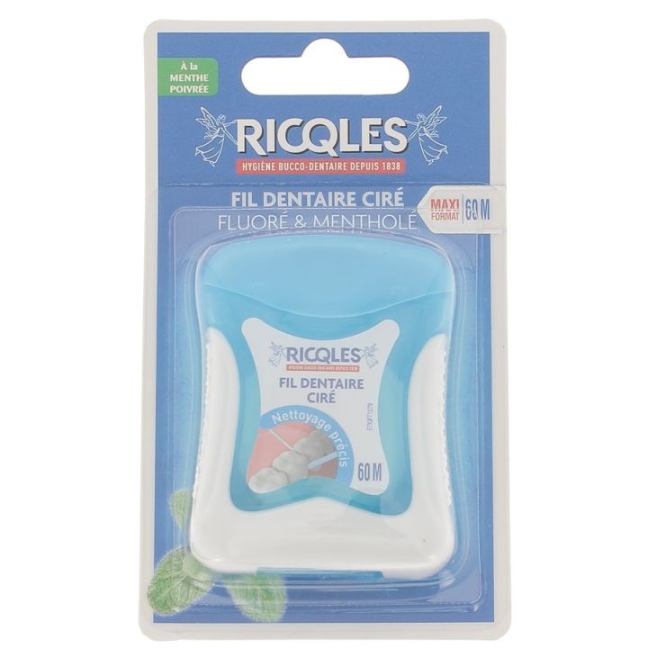 Fil dentaire cir&eacute; fluor&eacute; & menthol&eacute; Ricqles - fil de 60 m