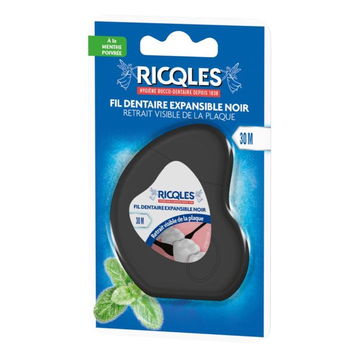 Fil dentaire expansible noir &agrave; la menthe poivr&eacute;e Ricql&egrave;s - fil dentaire de 30m