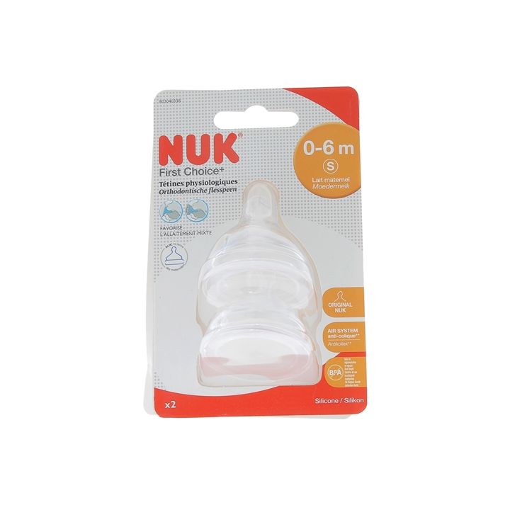 First Choice + T&eacute;tines physiologiques 0-6 mois NUK - 2 sucettes