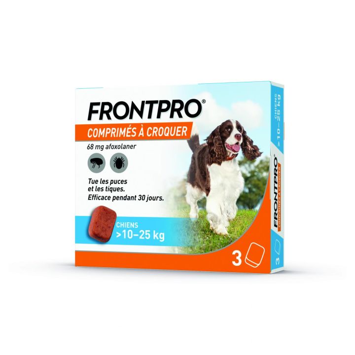 Frontpro comprim&eacute; anti puces chien >10-25kg - bo&icirc;te de 3 comprim&eacute;s &agrave; croquer