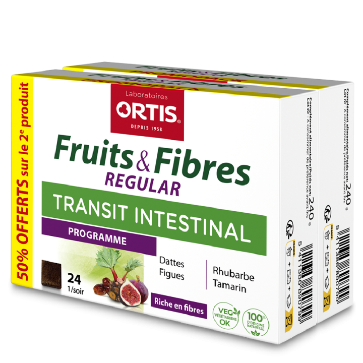 Fruits & Fibres Regular Transit intestinal Ortis - lot de 2 bo&icirc;tes de 24 cubes