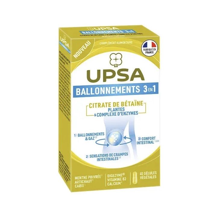 Ballonements & gaz 3 en 1 Citrate de b&eacute;ta&iuml;ne UPSA - boite de 40 g&eacute;lules