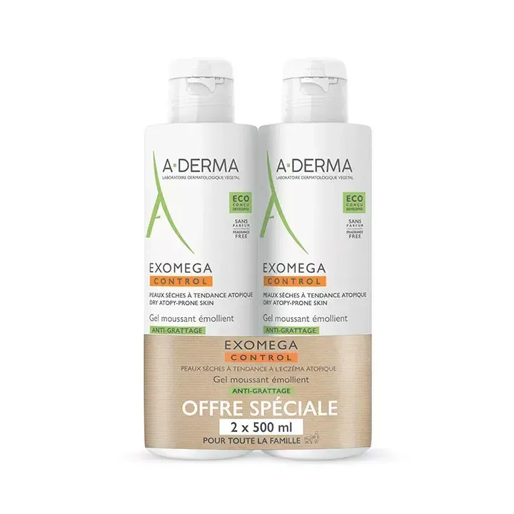 Exomega Control gel moussant &eacute;mollient anti-grattage A-derma - lot de 2 flacons