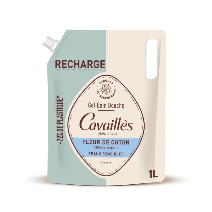 Gel bain et douche surgras actif fleur de coton Rog&eacute; Cavaill&egrave;s - &eacute;co-recharge de 1L