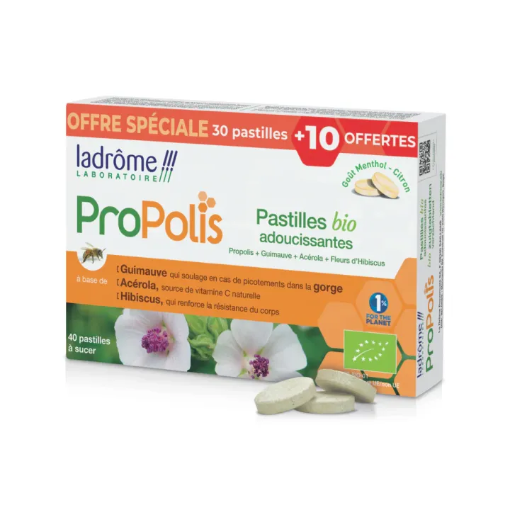 Pastilles adoucissantes &agrave; la propolis BIO Ladr&ocirc;me - boite de 30 pastilles + 10 offfertes