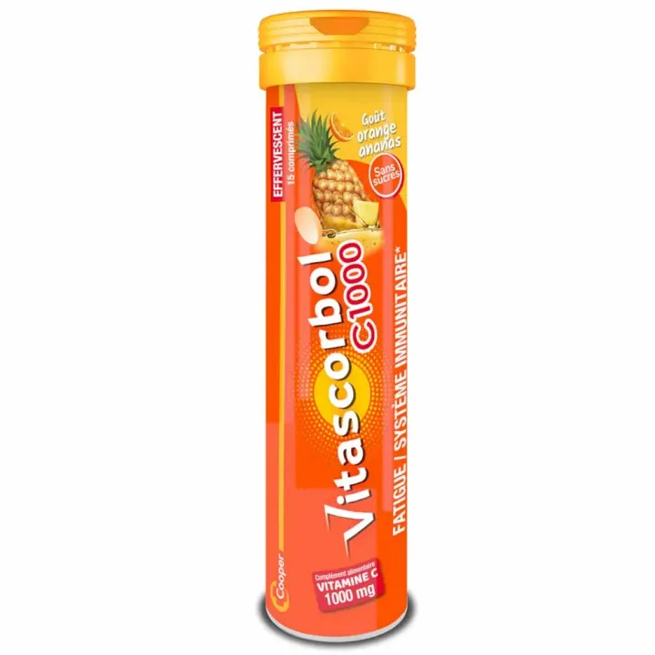 Vitascorbol C1000mg go&ucirc;t orange ananas sans sucres Cooper - tube de 15 comprim&eacute;s effervescents