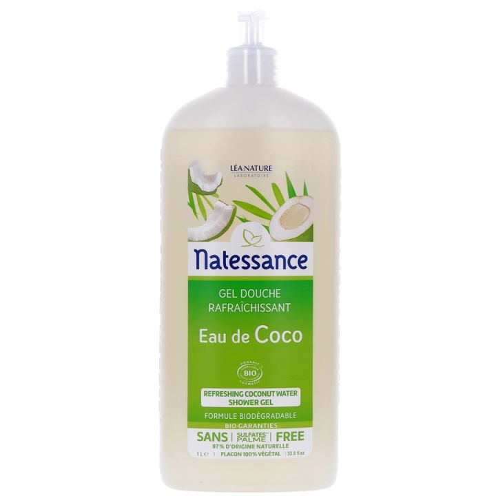 Gel douche rafra&icirc;chissant Eau de coco Bio Natessance - Flacon pompe de 1 L