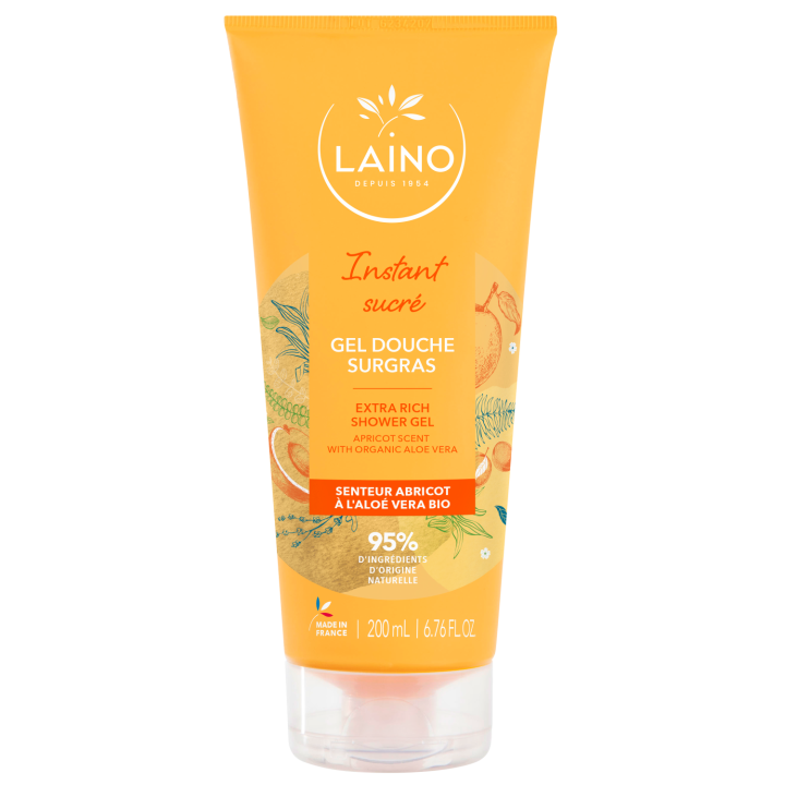 Gel douche surgras hydratant &agrave; l'aloe vera bio senteur abricot Laino - tube de 200ml