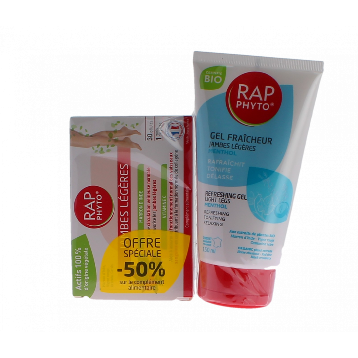 Gel fraicheur jambes l&eacute;g&egrave;res Rap Phyto - tube de 150 ml + offre sp&eacute;ciale -50% sur le compl&eacute;ment alimentaire