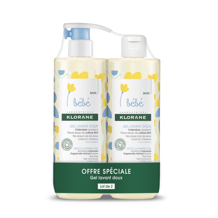 Gel lavant doux Klorane B&eacute;b&eacute; - lot de 2 flacons de 500 ml