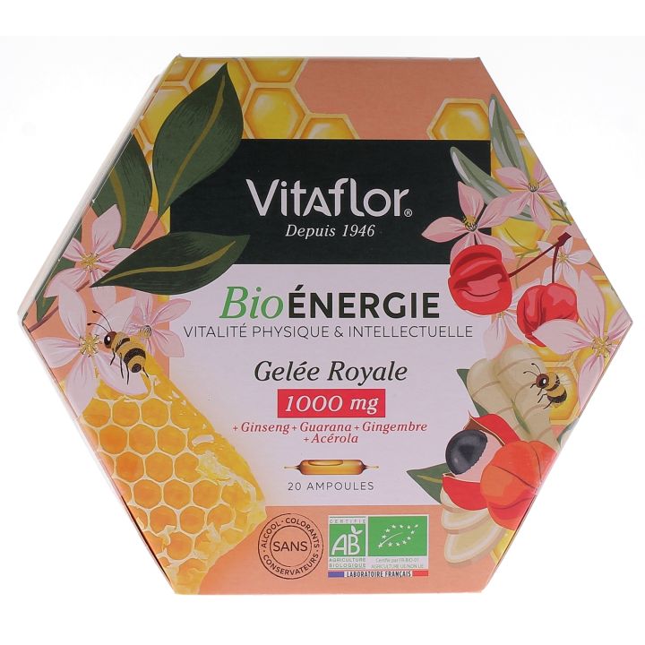 Gel&eacute;e royale bio 1000 mg &Eacute;nergie+ Vitaflor - bo&icirc;te de 20 ampoules