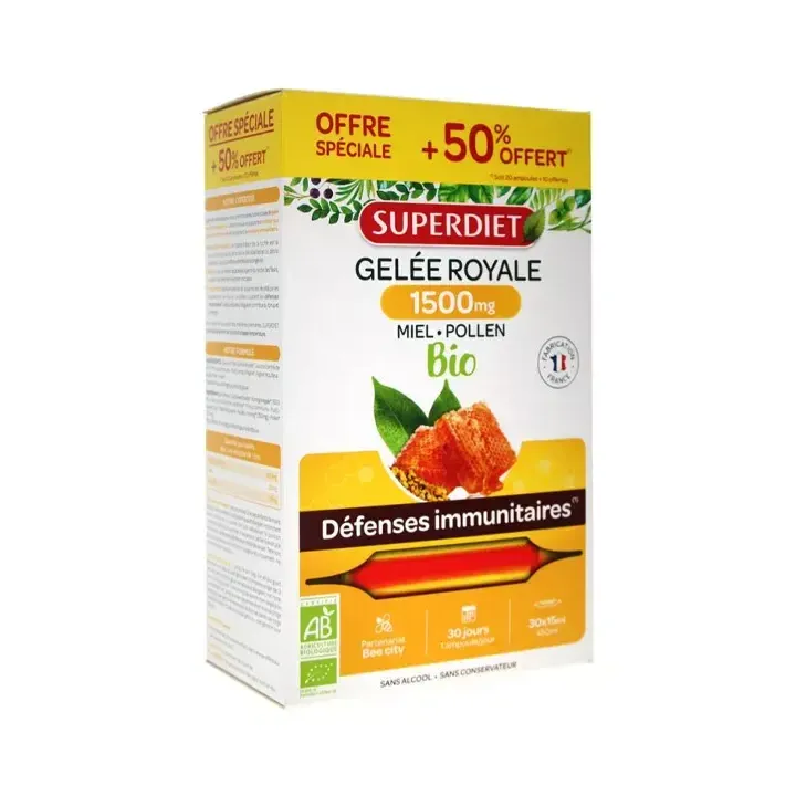 Gel&eacute;e Royale Bio 1500 mg miel d'acacia pollen Super Diet - 20 ampoules de 15 ml