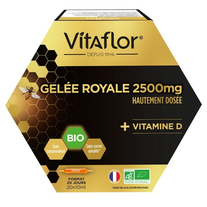 Gel&eacute;e royale 2500 mg Vitamine D bio Vitaflor - bo&icirc;te de 20 ampoules