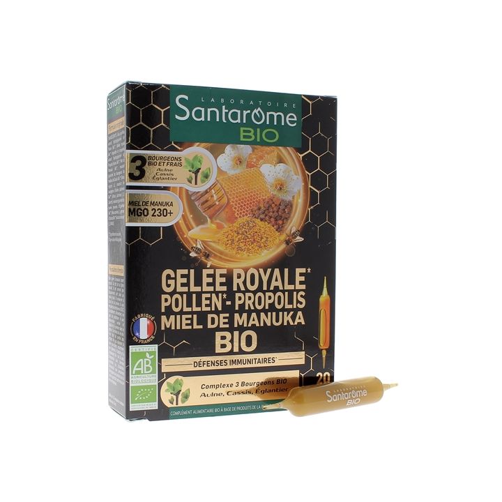 Gel&eacute;e royale pollen propolis miel de Manuka bio Santarome - bo&icirc;te de 20 ampoules