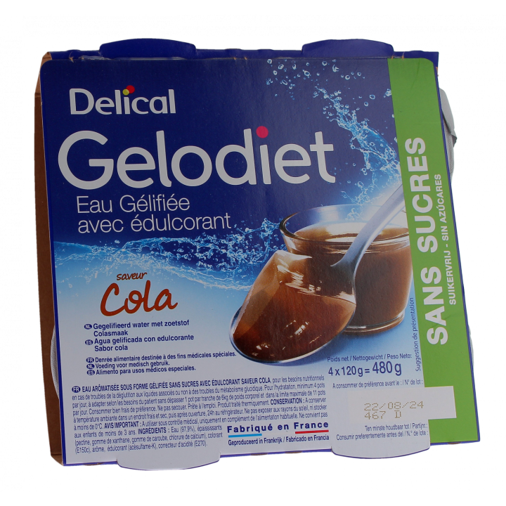 Gelodiet Eau g&eacute;lifi&eacute;e avec &eacute;dulcorant saveur cola Delical - lot de 4 pots de 120g