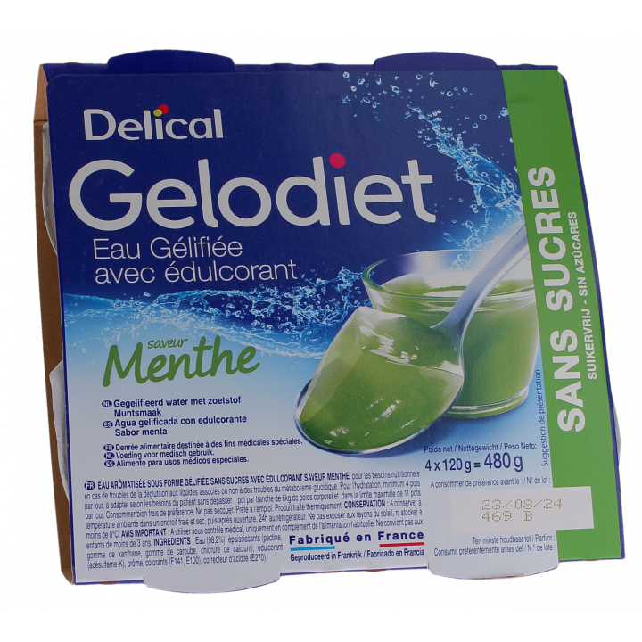Gelodiet Eau g&eacute;lifi&eacute;e avec &eacute;dulcorant saveur menthe Delical - lot de 4 pots de 120g