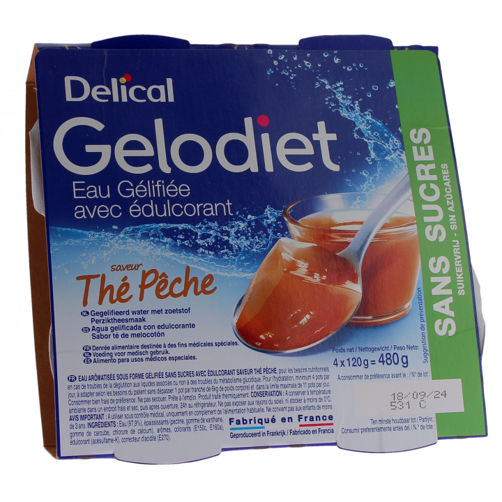 Gelodiet Eau g&eacute;lifi&eacute;e avec &eacute;dulcorant saveur th&eacute; p&ecirc;che Delical - lot de 4 pots de 120g
