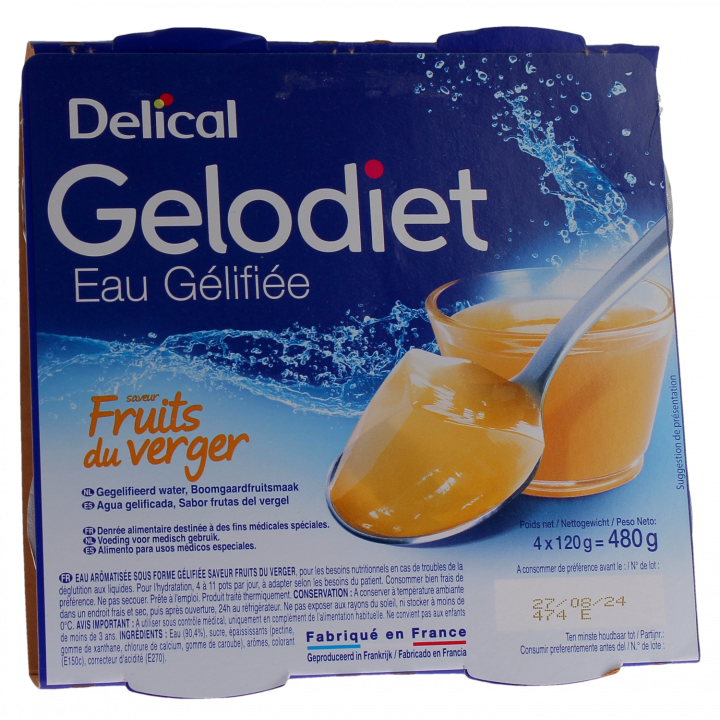 Gelodiet Eau g&eacute;lifi&eacute;e saveur fruits du verger Delical - lot de 4 pots de 120g