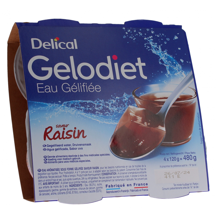 Gelodiet Eau g&eacute;lifi&eacute;e saveur raisin Delical - lot de 4 pots de 120g