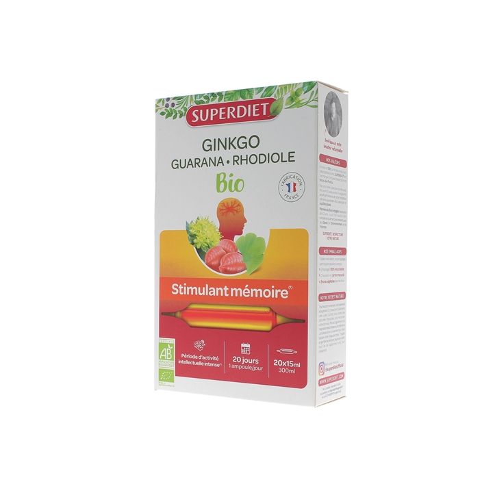 Ginkgo guarana rhodiole bio stimulant m&eacute;moire Super Diet - bo&icirc;te de 20 ampoules