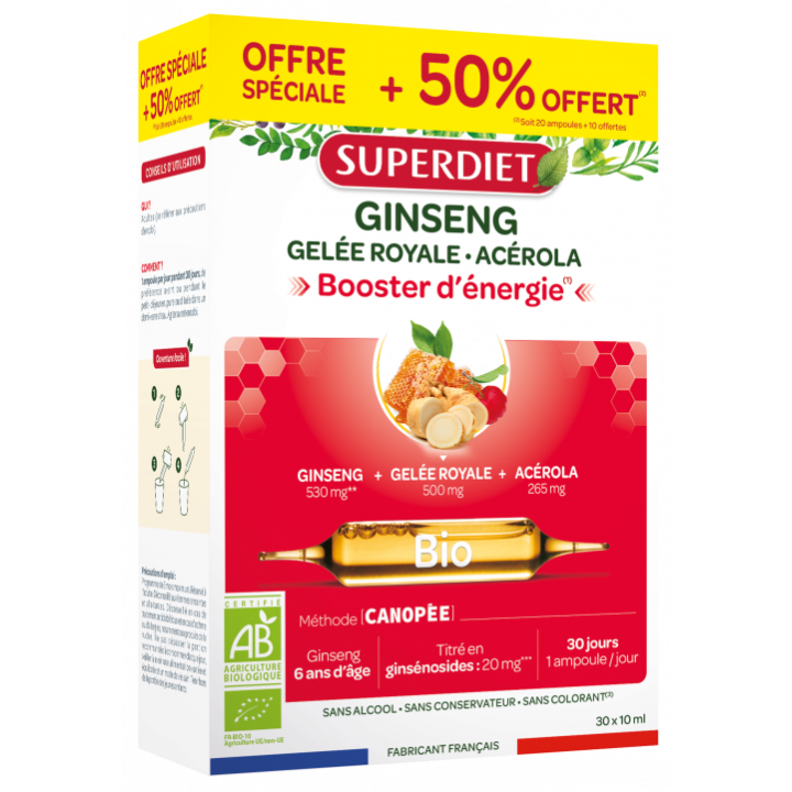 Ginseng gel&eacute;e royale et ac&eacute;rola Bio Super Diet - boite de 20 ampoules + 10 ampoules offertes
