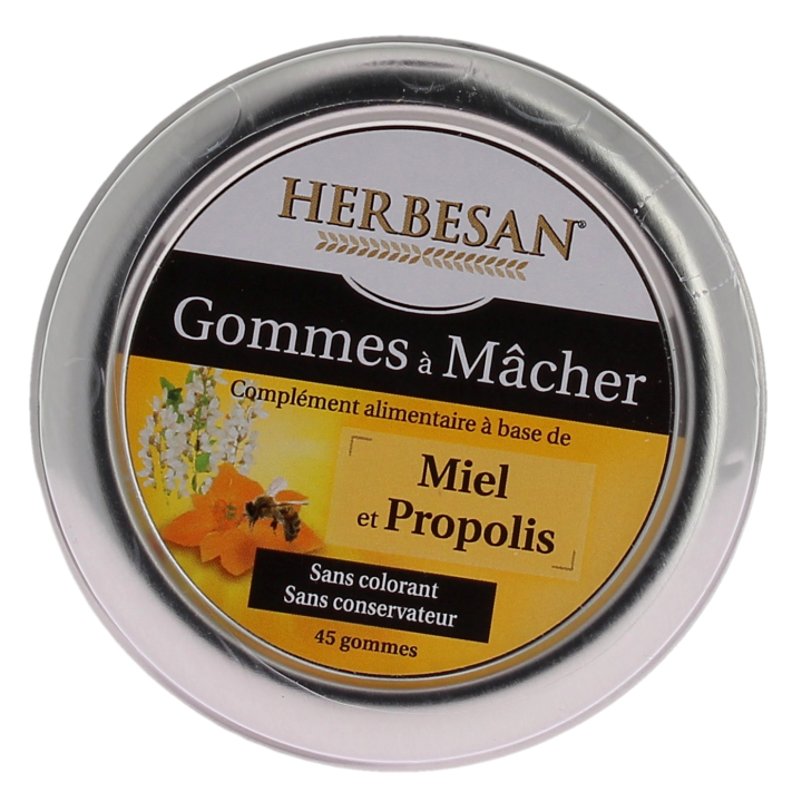Gommes &agrave; m&acirc;cher miel et propolis Herbesan - boite de 45 gommes