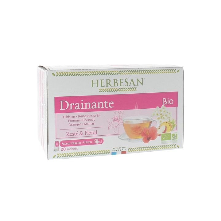 Infusion drainante BIO saveur passion citron Herbesan - bo&icirc;te de 20 sachets