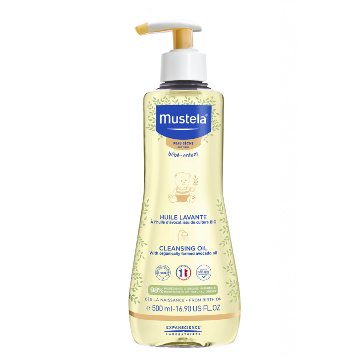 Huile lavante b&eacute;b&eacute; enfant peau s&egrave;che Mustela - flacon-pompe de 500 ml