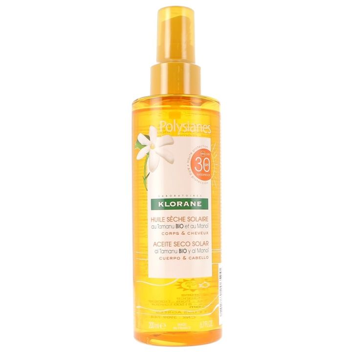 Huile s&egrave;che solaire corps et cheveux polysianes spf 30 Klorane - spray de 200 ml
