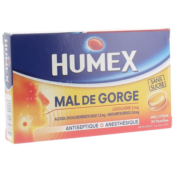 Humex mal de gorge lidoca&iuml;ne miel citron sans sucre - boite de 24 pastilles