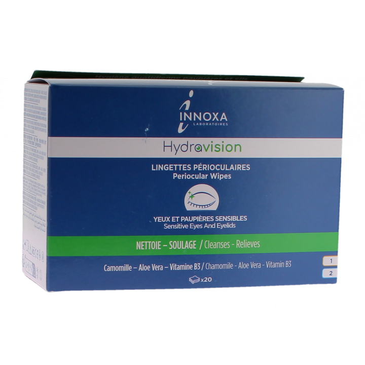 Hydravision lingettes p&eacute;rioculaires yeux et paupi&egrave;res sensibles Innoxa - boite de 20 lingettes