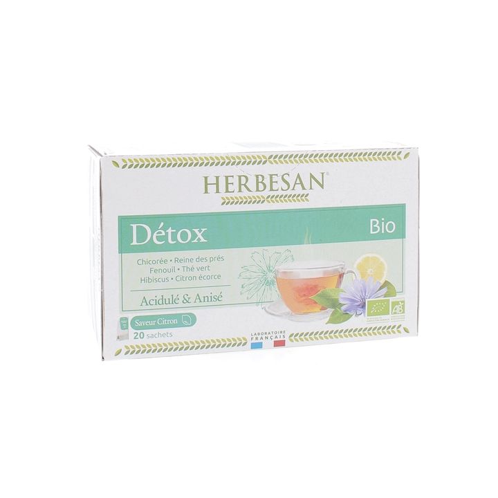 Infusion Bio d&eacute;tox saveur citron Herbesan - bo&icirc;te de 20 sachets