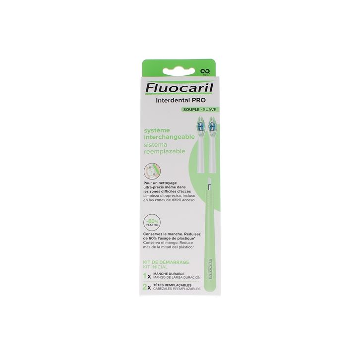 Interdental Pro Syst&egrave;me interchangeable souple Kit de d&eacute;marrage Fluocaril - bo&icirc;te de 1 manche durable + 2 t&ecirc;tes rempla&ccedil;ables