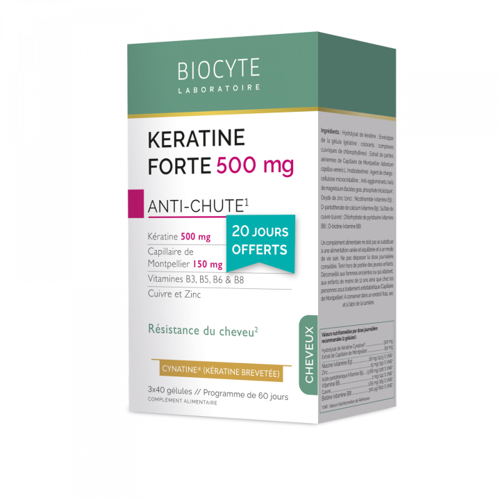 K&eacute;ratine Forte 500mg anti-chute Biocyte - bo&icirc;te de 120 g&eacute;lules