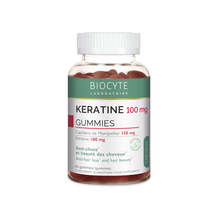 K&eacute;ratine 100mg anti-chute et beaut&eacute; des cheveux Biocyte - pot de 60 gummies