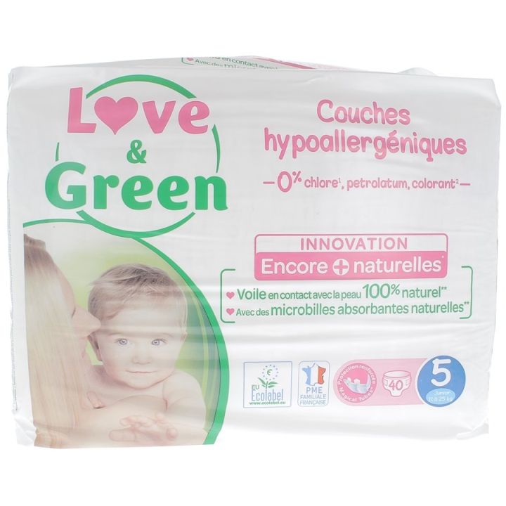 Couches hypoallerg&eacute;niques taille 5 Love & Green - 40 couches