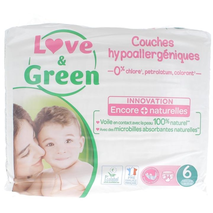 Couche Hypoallerg&eacute;niques taille 6 Love & Green - 34 couches