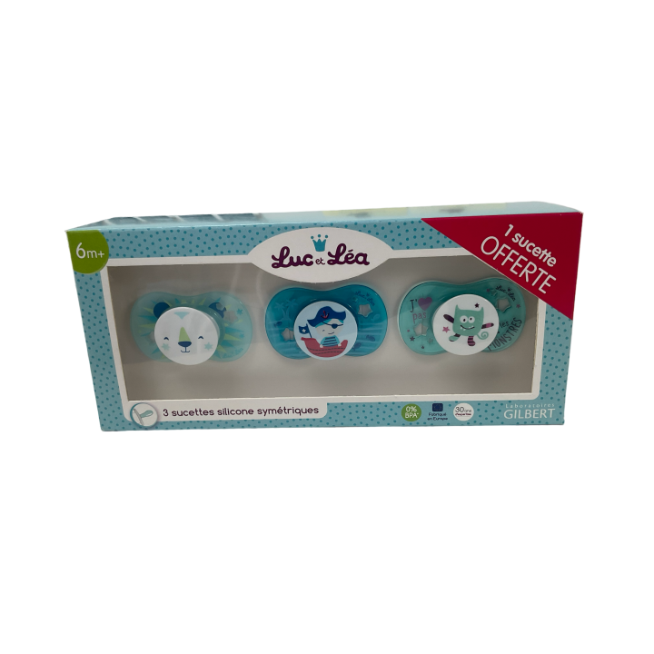 Sucettes silicone sym&eacute;triques 6 m+ Luc et L&eacute;a - 3 sucettes dont 1 offerte