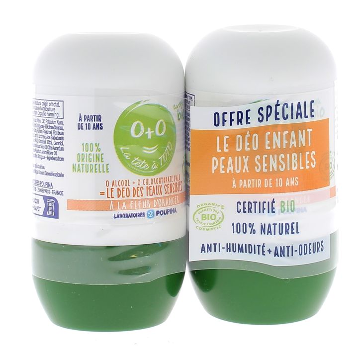 La T&ecirc;te &agrave; Toto D&eacute;odorant enfant 48h peaux sensibles fleur d'oranger bio Poupina - lot de 2 roll-on de 50 ml