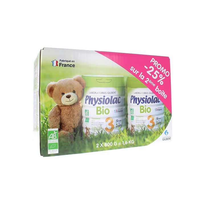 Lait Croissance 3&egrave;me &acirc;ge Physiolac bio - lot de 2x800 g