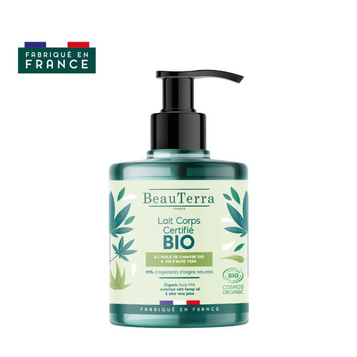Lait corps bio &agrave; l'huile de chanvre et jus d'aloe vera Beauterra - flacon pompe de 500 ml