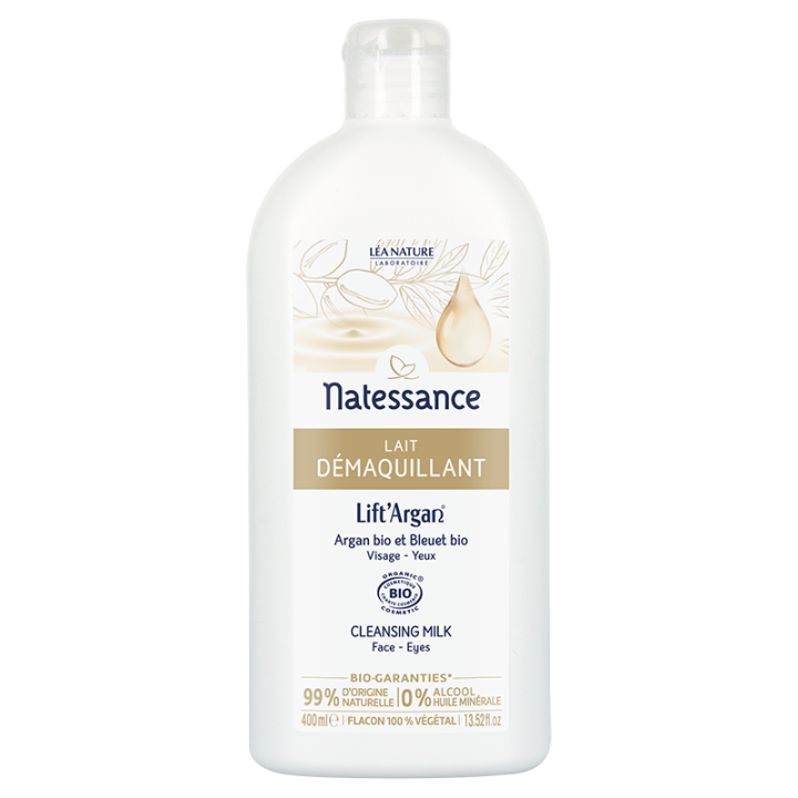 Lait d&eacute;maquillant visage et yeux Lift'Argan Natessance - flacon de 400 ml