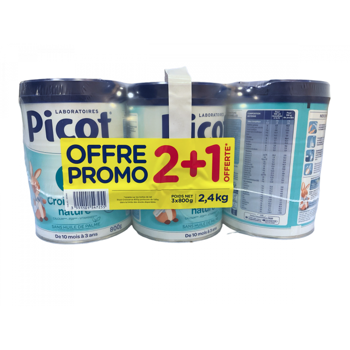 Lait poudre 3&egrave;me &acirc;ge croissance nature Picot - lot de 3 bo&icirc;tes de 800g