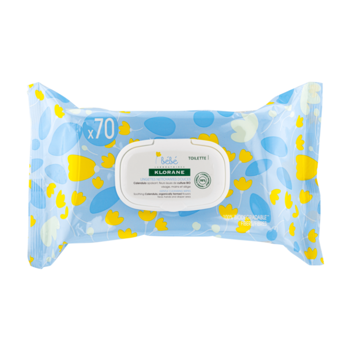Lingettes nettoyantes douces b&eacute;b&eacute; Klorane - paquet de 70 lingettes