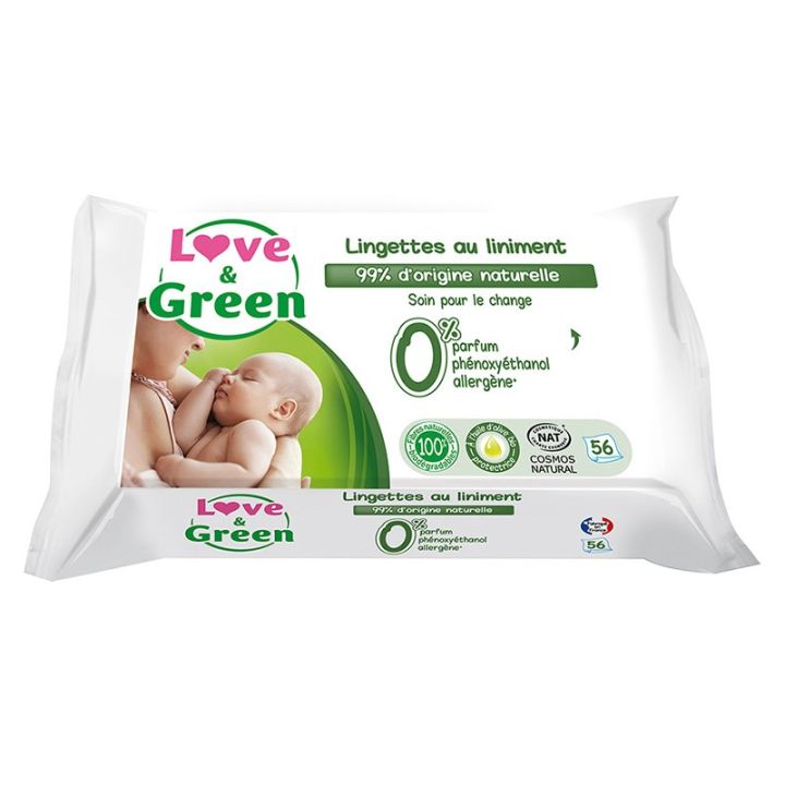 Lingettes au liniment sp&eacute;cial change b&eacute;b&eacute; Love & Green - sachet de 56 lingettes