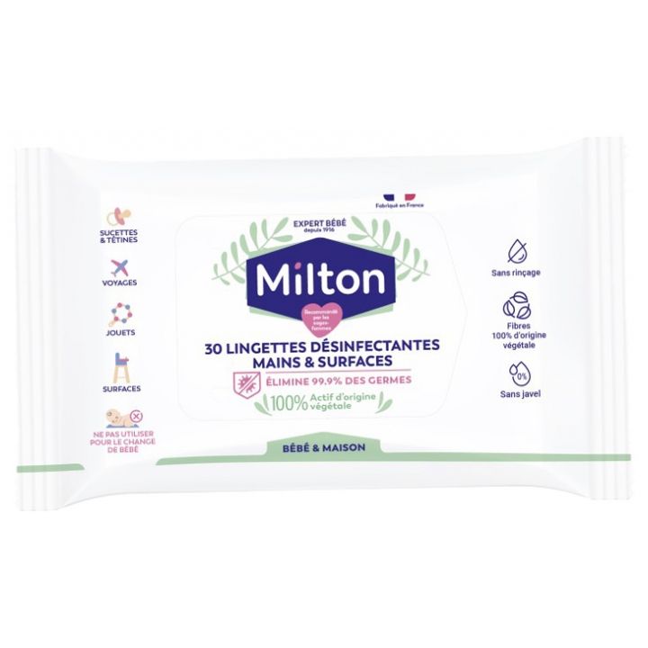 Lingettes d&eacute;sinfectantes de surfaces Milton - paquet de 30 lingettes