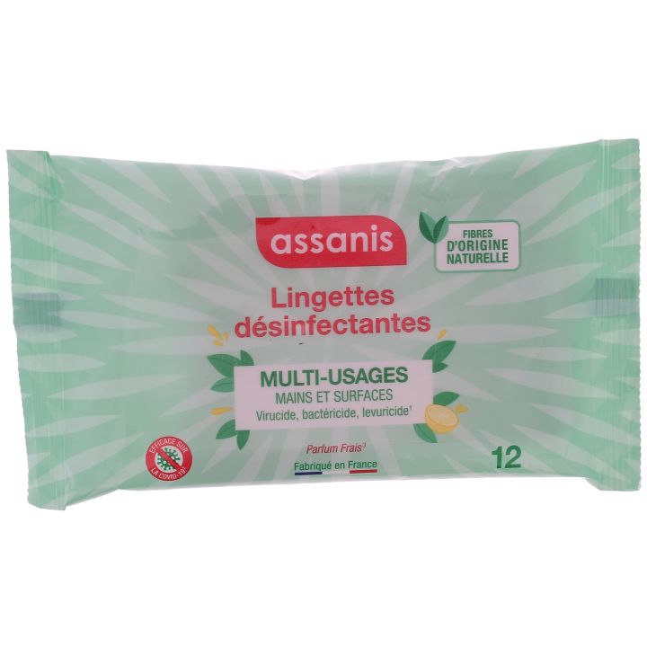 Lingettes d&eacute;sinfectantes multi-usages Assanis - paquet de 12 lingettes