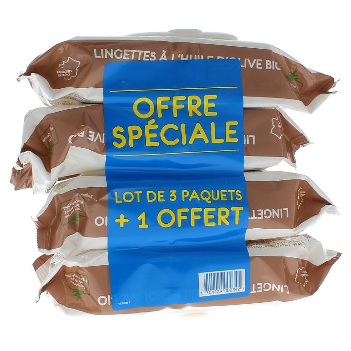 Lingettes nettoyantes &agrave; l'huile d'olive vierge Gifrer - lot de 4 paquets de 70 lingettes